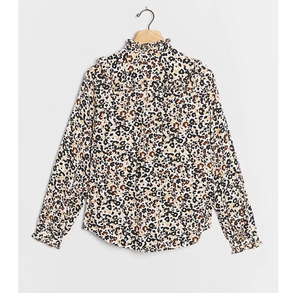 Maeve Anthropologie Cheetah Animal Print Ruffle Detail Button Up Blouse Size 6